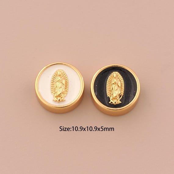 18K Gold Virgin Mary Spacer Bead,Enamel Round Bead,Religious Bead for DIY Jewelry Making Supply