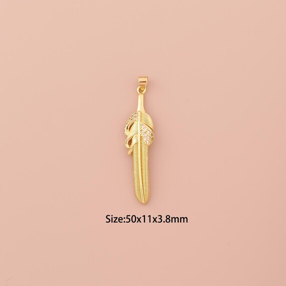 18K Gold Feather Charms,CZ Pave Minimalist Charms Pendants,Feather Charm for DIY Jewelry Making Supply