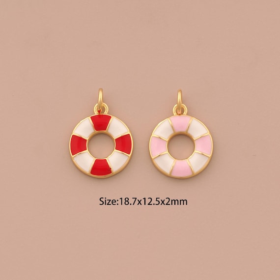 18K Gold Lifebuoy Charms,Enamel Round Charms Pendants,Lifebuoy Charm for DIY Jewelry Making Supply