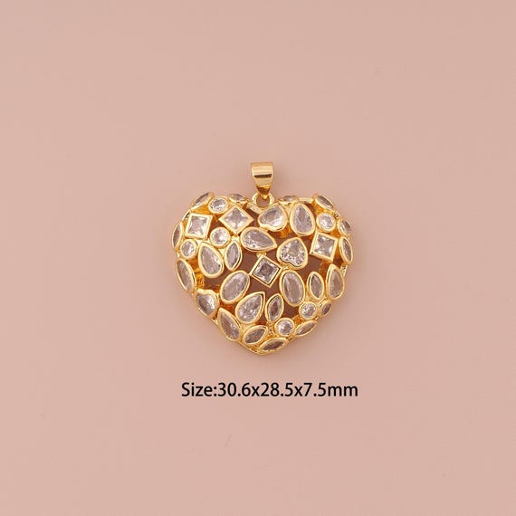 18K Gold Heart Charms,CZ Pave Minimalist Charms Pendants,Heart Charm for DIY Jewelry Making Supply