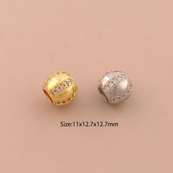 18K Gold Round Spacer Bead,CZ Pave Ball Bead,Large Hole Bead for DIY Jewelry Making Supply