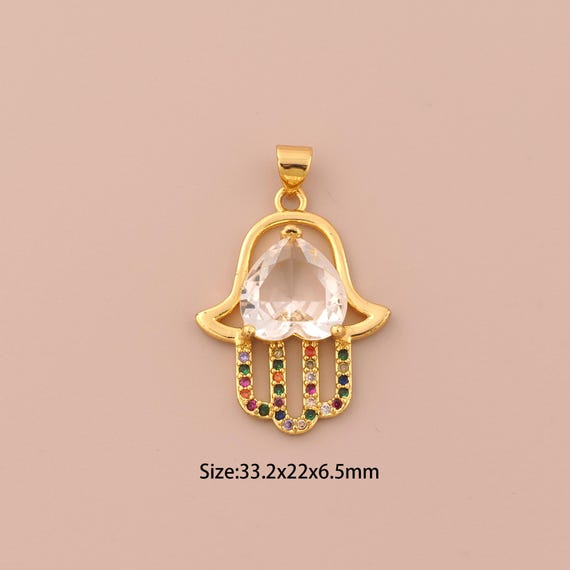 18K Gold Fatima Charms,CZ Pave Hamsa Charms Pendants,Heart Charm for DIY Jewelry Making Supply