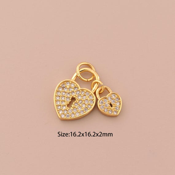 18K Gold Heart Charms,CZ Pave Lock Charms Pendants,Lock Charm for DIY Jewelry Making Supply