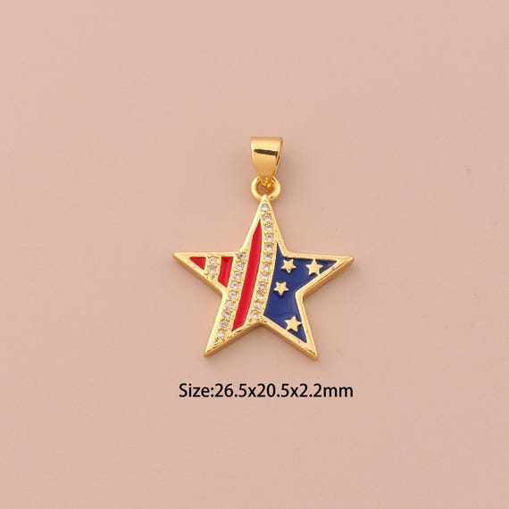 18K Gold Star Charms,CZ Pave Flag Charms Pendants,Enamel Star Charm for DIY Jewelry Making Supply