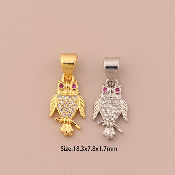 18K Gold Owl Charms,CZ Pave Owl Charms Pendants,Animal Charm for DIY Jewelry Making Supply