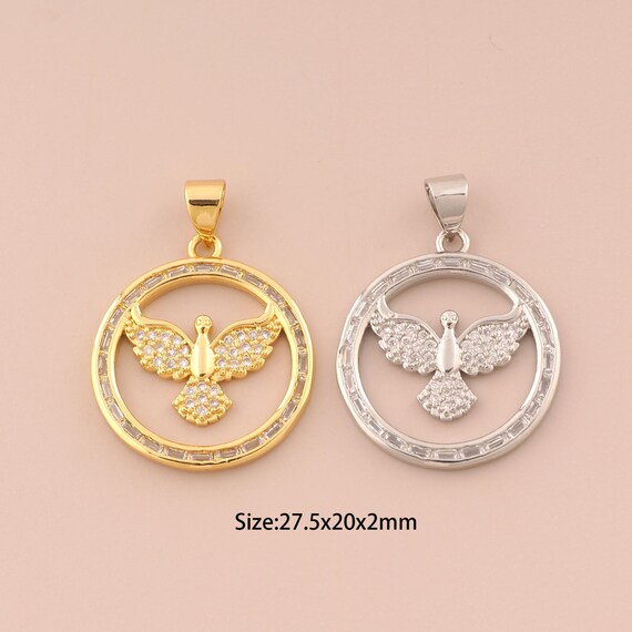 18K Gold Bald Eagle Charms,CZ Pave Bald Eagle Charms Pendants,Round Charm for DIY Jewelry Making Supply