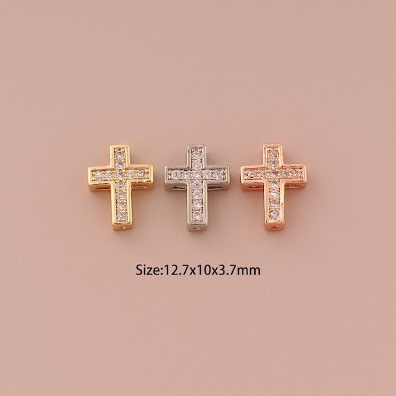 18K Gold Cross Spacer Bead,CZ Pave Minimalist Bead,Christian Bead for DIY Jewelry Making Supply