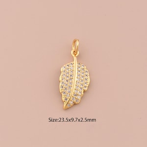 18K Gold Feather Charms,CZ Pave Minimalist Charms Pendants,Feather Charm for DIY Jewelry Making Supply
