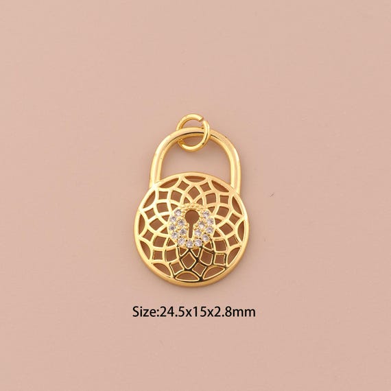 18K Gold Lock Charms,CZ Pave Round Charms Pendants,Lock Charm for DIY Jewelry Making Supply