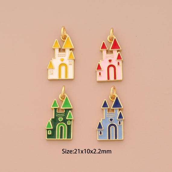 18K Gold Castle Pendant,Enamel Castle Charm,Castle Charm, DIY Jewelry Supplies