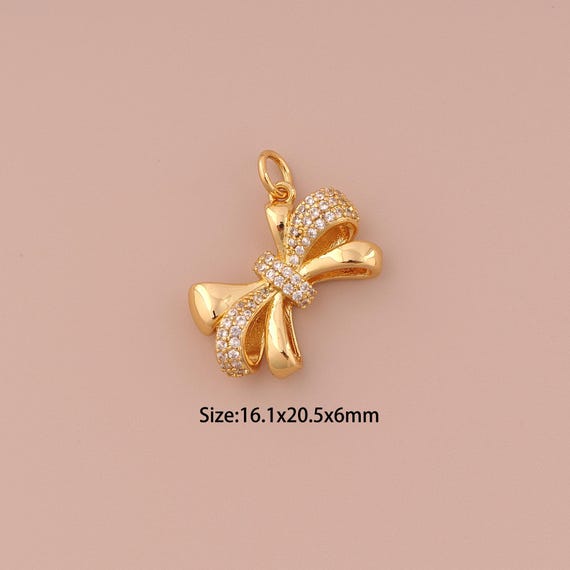 18K Gold Bow Charms,CZ Pave Minimalist Charms Pendants,Bow Charm for DIY Jewelry Making Supply
