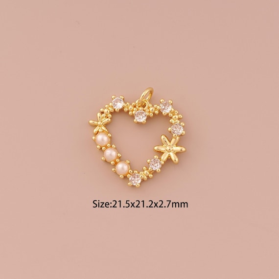 18K Gold Heart Charms,CZ Pave Minimalist Charms Pendants,Flower Charm for DIY Jewelry Making Supply