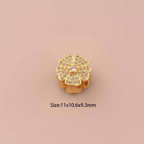 18K Gold Flower Spacer Bead,CZ Pave Large Hole Bead,Flower Bead for DIY Jewelry Making Supply