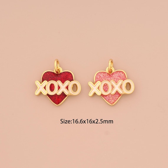 18K Gold XOXO Pendant,Enamel Heart Charm,Hugs and Kiss Charm, DIY Jewelry Supplies