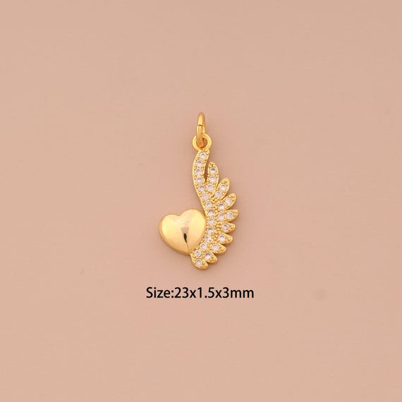 18K Gold Heart Charms,CZ Pave Love Charms Pendants,Angel Wings Charm for DIY Jewelry Making Supply