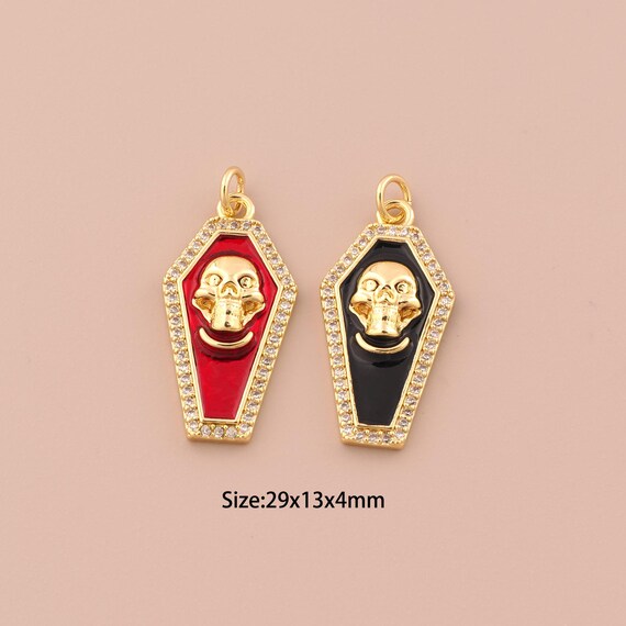 18K Gold Coffin Charms,Enamel Skull Charms Pendants,CZ Pave Coffin Charm for DIY Jewelry Making Supply