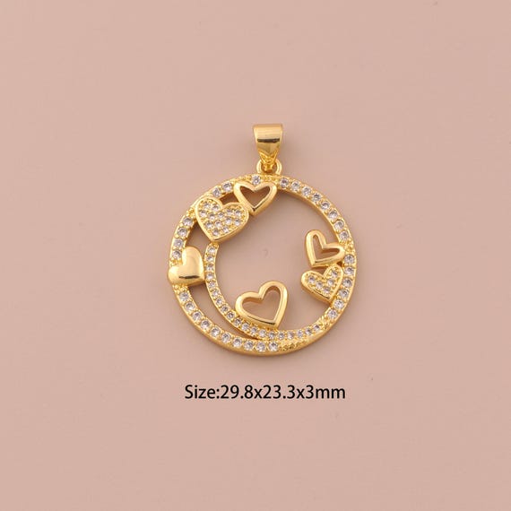 18K Gold Heart Charms,CZ Pave Round Charms Pendants,Heart Charm for DIY Jewelry Making Supply