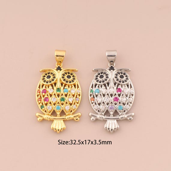 18K Gold Owl Charms,CZ Pave Owl Charms Pendants,Owl Charm for DIY Jewelry Making Supply