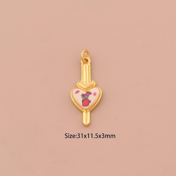 18K Gold Heart Charms,Enamel Flower Charms Pendants,Vase Charm for DIY Jewelry Making Supply