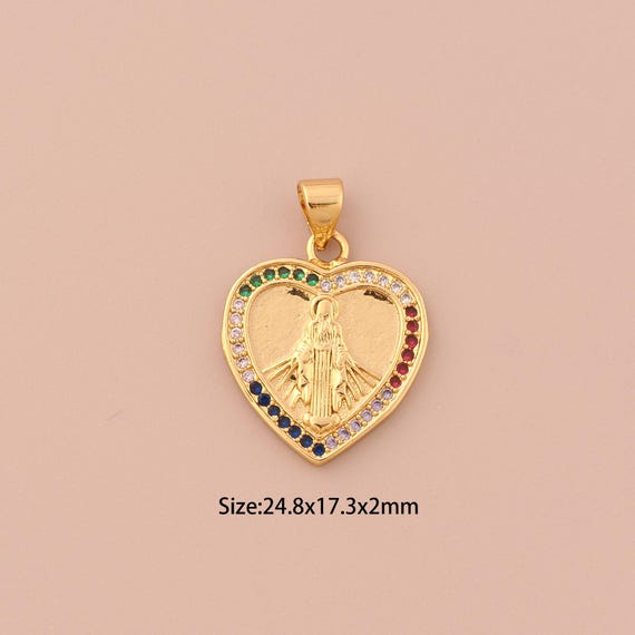 18K Gold Virgin Mary Charms,CZ Pave Heart Charms Pendants,Catholic Charm for DIY Jewelry Making Supply