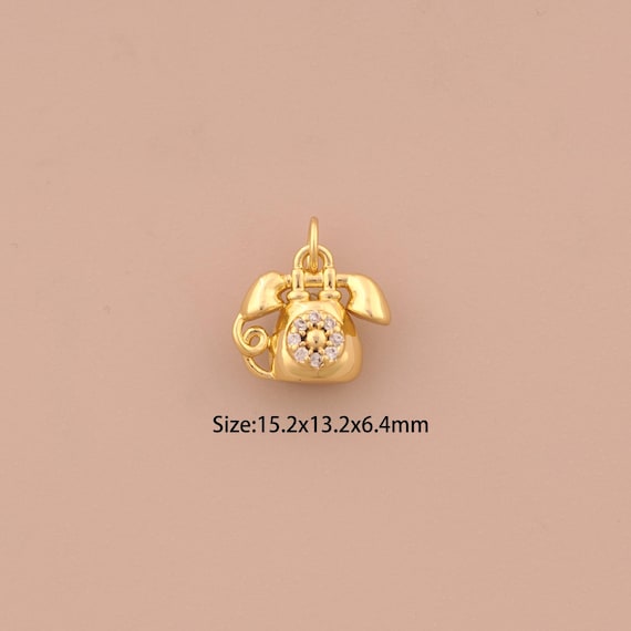 18K Gold Telephone Charms,CZ Pave Telephone Charms Pendants,Telephone Charm for DIY Jewelry Making Supply