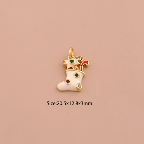18K Gold Christmas Stocking Charms,CZ Pave Christmas Charms Pendants,Enamel Stocking Charm for DIY Jewelry Making Supply