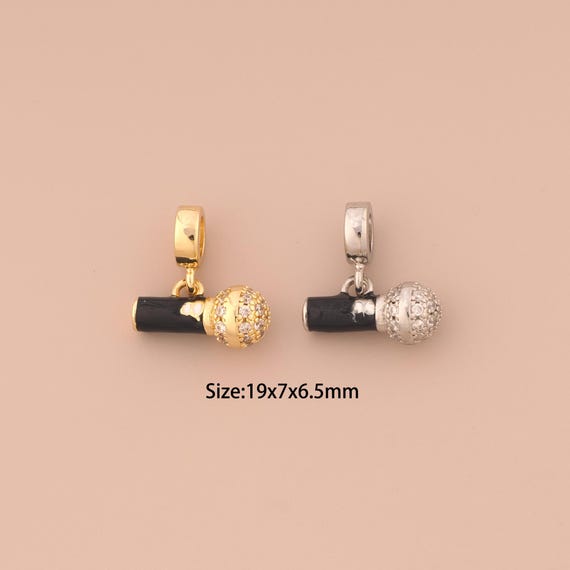 18K Gold Microphone Charms,CZ Pave Microphone Charms Pendants,Enamel Microphone Charm for DIY Jewelry Making Supply