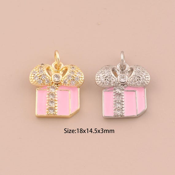 18K Gold Gift Box Charms,CZ Pave Gift Box Charms Pendants,Enamel Gift Box Charm for DIY Jewelry Making Supply