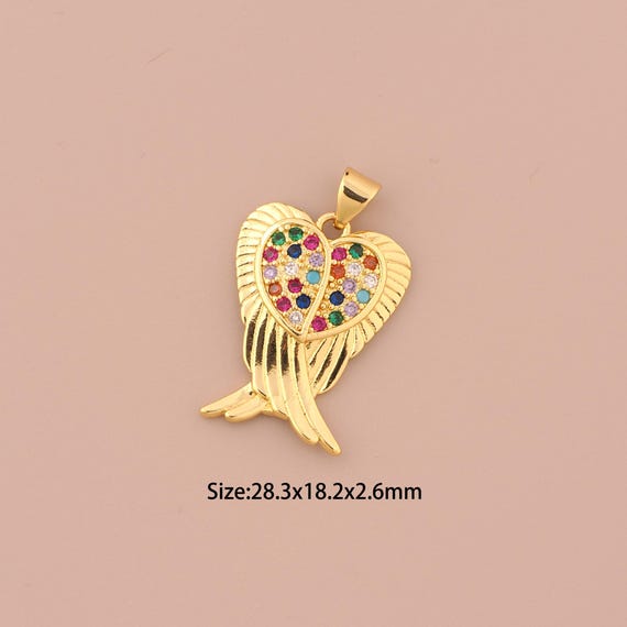 18K Gold Wing Charms,CZ Pave Heart Charms Pendants,Wing Charm for DIY Jewelry Making Supply