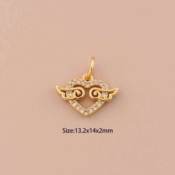 18K Gold Heart Charms,CZ Pave Wing Charms Pendants,Heart Charm for DIY Jewelry Making Supply