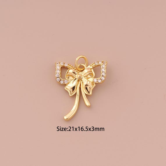 18K Gold Bow Charms,CZ Pave Minimalist Charms Pendants,Bow Charm for DIY Jewelry Making Supply