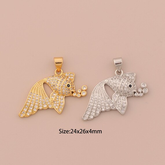 18K Gold Fish Charms,CZ Pave Fish Charms Pendants,Fish Charm for DIY Jewelry Making Supply