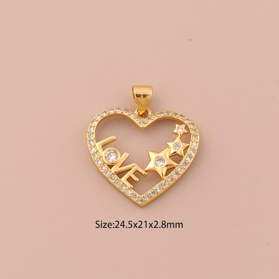 18K Gold Heart Charms,CZ Pave Love Charms Pendants,Star Charm for DIY Jewelry Making Supply