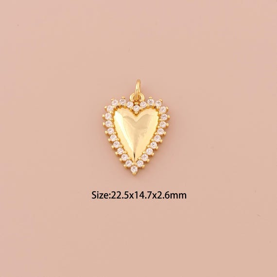 18K Gold Heart Charms,CZ Pave Minimalist Charms Pendants,Heart Charm for DIY Jewelry Making Supply
