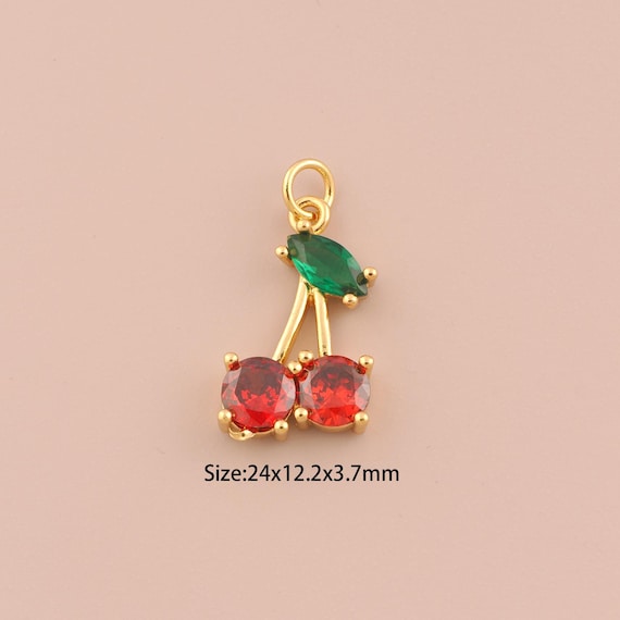 18K Gold Cherry Charms,CZ Pave Minimalist Charms Pendants,Fruit Charm for DIY Jewelry Making Supply
