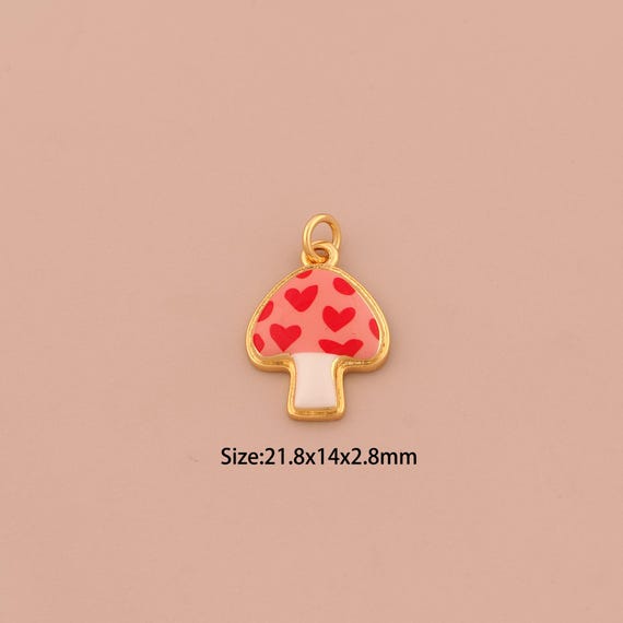 18K Gold Mushroom Charms,Enamel Heart Charms Pendants,Mushroom Charm for DIY Jewelry Making Supply