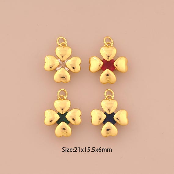 18K Gold Heart Charms,CZ Pave Lucky Grass Charms Pendants,Love Charm for DIY Jewelry Making Supply