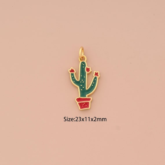 18K Gold Cactus Pendant,Enamel Cactus Charm,Cactus Charm, DIY Jewelry Supplies