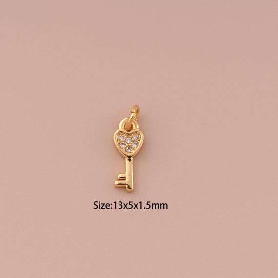 18K Gold Heart Charms,CZ Pave Minimalist Charms Pendants,Key Charm for DIY Jewelry Making Supply