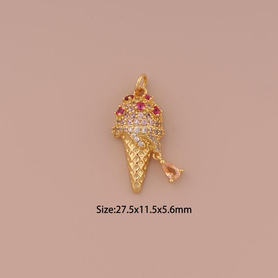 18K Gold Ice Cream Charms,CZ Pave Minimalist Charms Pendants,Ice Cream Charm for DIY Jewelry Making Supply