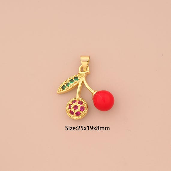 18K Gold Enamel Cherry Charms,CZ Pave Fruit Charms Pendants,Cherry Charm for DIY Jewelry Making Supply