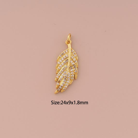 18K Gold Feather Charms,CZ Pave Minimalist Charms Pendants,Feather Charm for DIY Jewelry Making Supply
