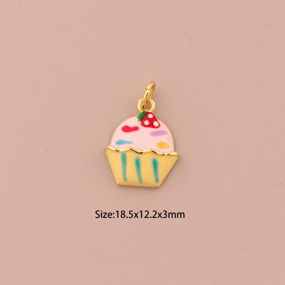 18K Gold Cake Charms,Enamel Strawberry Charms Pendants,Cake Charm for DIY Jewelry Making Supply