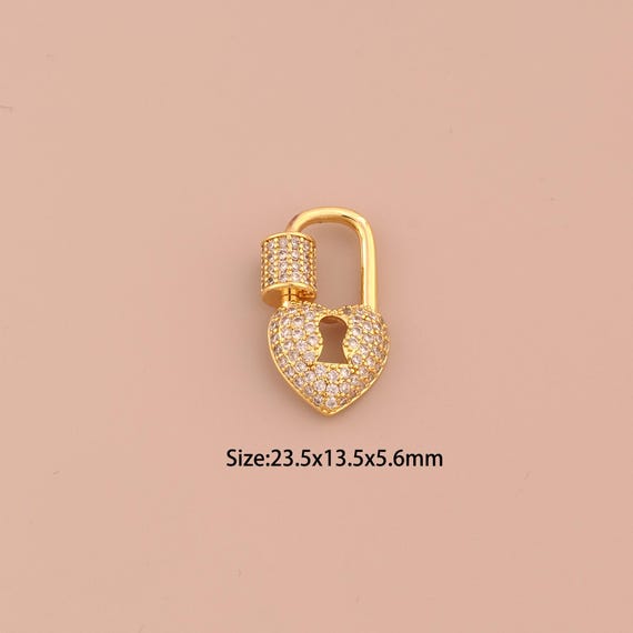 18K Gold Carabiner Clasp,Screw Clasp,CZ Pave Heart Lock Clasp for DIY Jewelry Making Supply