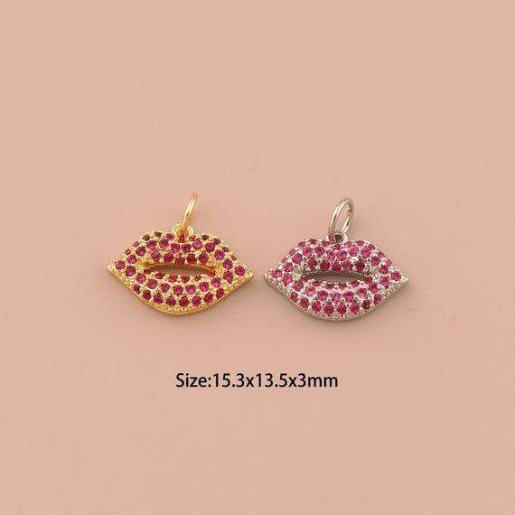 18K Gold Lips Charms,CZ Pave Minimalist Charms Pendants,Lips Charm for DIY Jewelry Making Supply