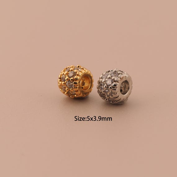 18K Gold Tube Spacer Bead,CZ Pave Minimalist Bead,Ball Bead for DIY Jewelry Making Supply
