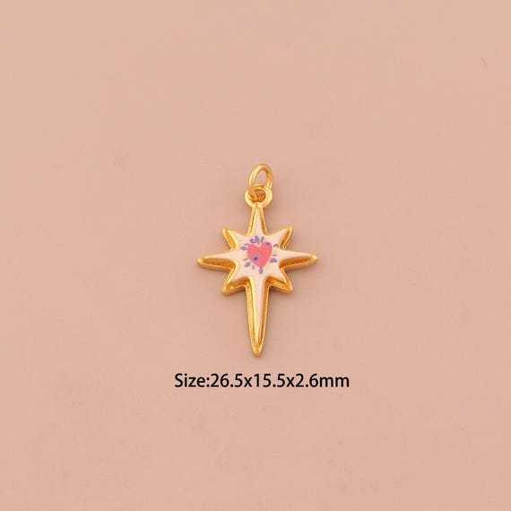 18K Gold Polaris Charms,Enamel Starburst Charms Pendants,Heart Charm for DIY Jewelry Making Supply