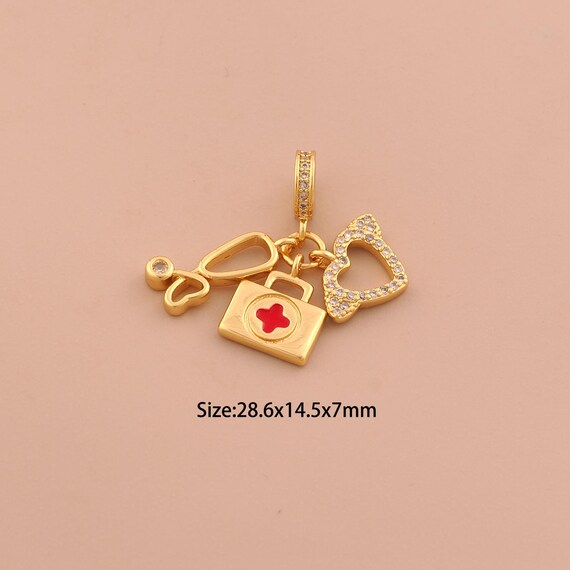 18K Gold Stethoscope Charms,Enamel First Aid Kit Charms Pendants,CZ Pave Heart Charm for DIY Jewelry Making Supply