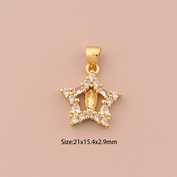 18K Gold Virgin Mary Charms,CZ Pave Star Charms Pendants,Catholic Charm for DIY Jewelry Making Supply
