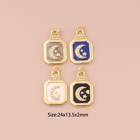 18K Gold Moon Charms,CZ Pave Minimalist Charms Pendants,Enamel Star Charm for DIY Jewelry Making Supply